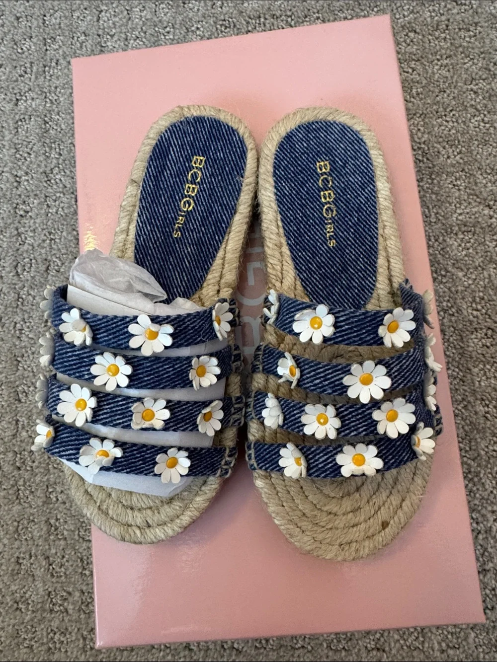 Denim Daisy Espadrille Slide Sandals with woven sole